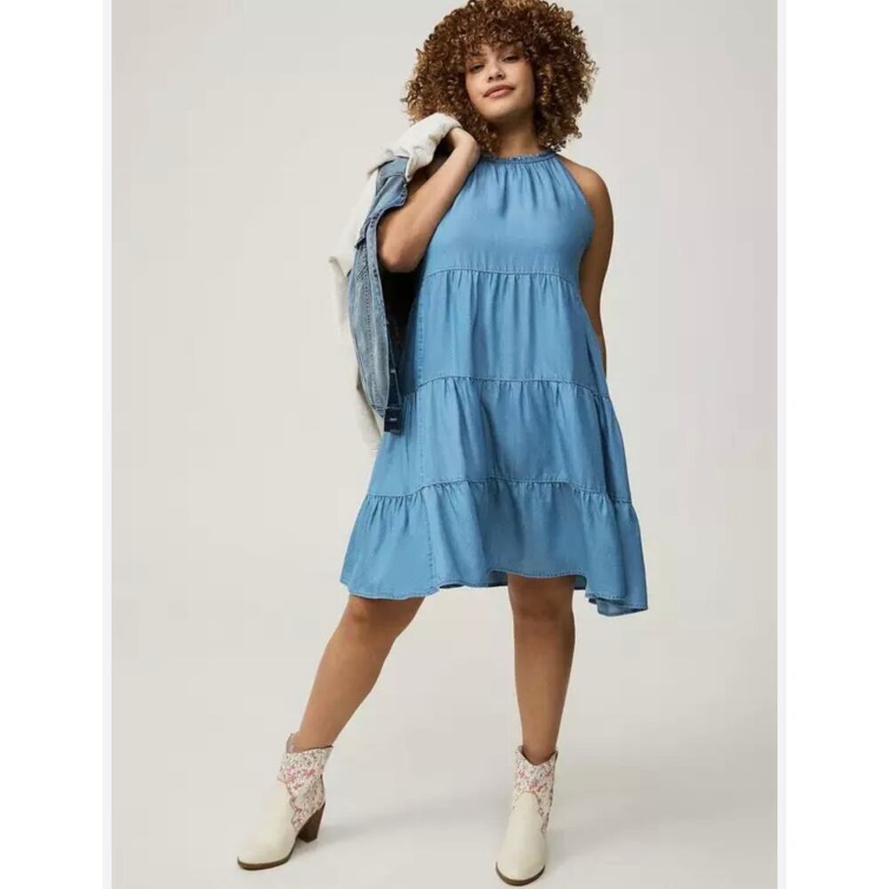 Torrid Chambray Blue Tiered Sleeveless Shift Dress Lyocell Size 3 (3X)